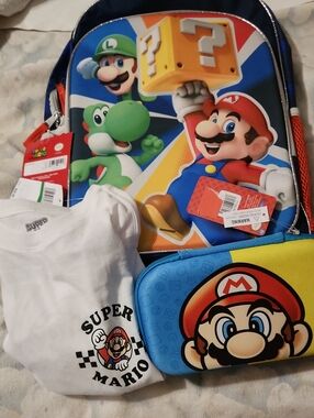 Nintendo White Super Mario Graphic Tee, Pencil Case And Backpack With Hangtag